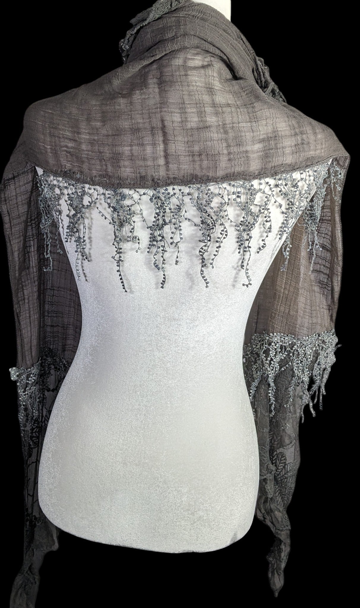 Victorian-Inspired Vintage Whimsygoth Gray Scarf With Lace Detail Distressed Look