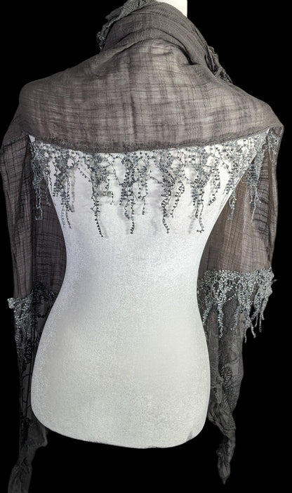 Victorian-Inspired Vintage Whimsygoth Gray Scarf With Lace Detail Distressed Look