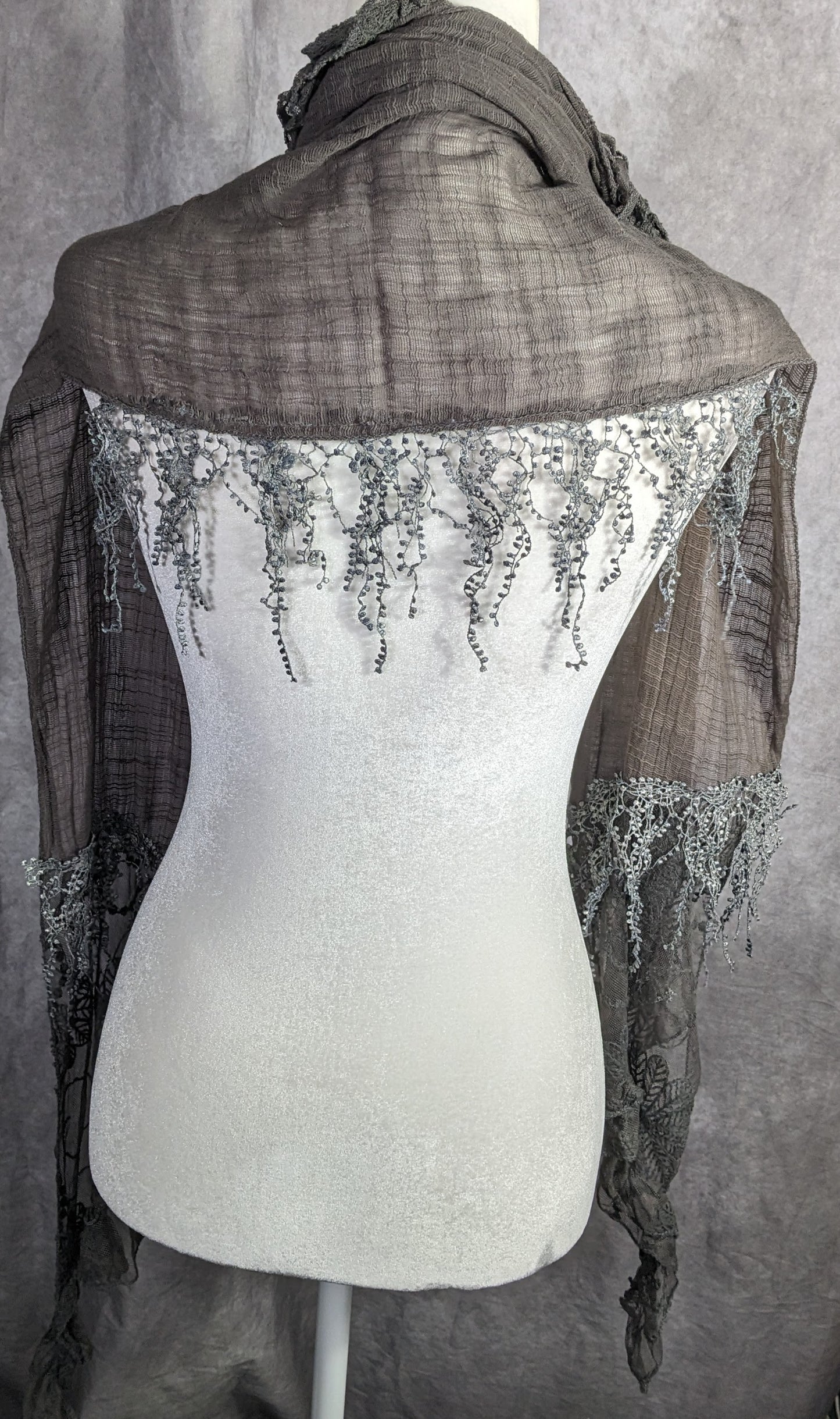Victorian-Inspired Vintage Whimsygoth Gray Scarf With Lace Detail Distressed Look