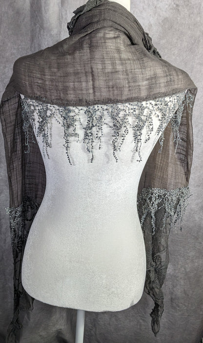 Victorian-Inspired Vintage Whimsygoth Gray Scarf With Lace Detail Distressed Look