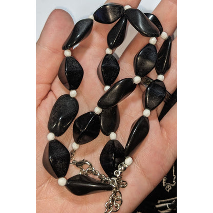 Gothic Minimalist Black White Twisted Bead Statement Necklace 17 Inch