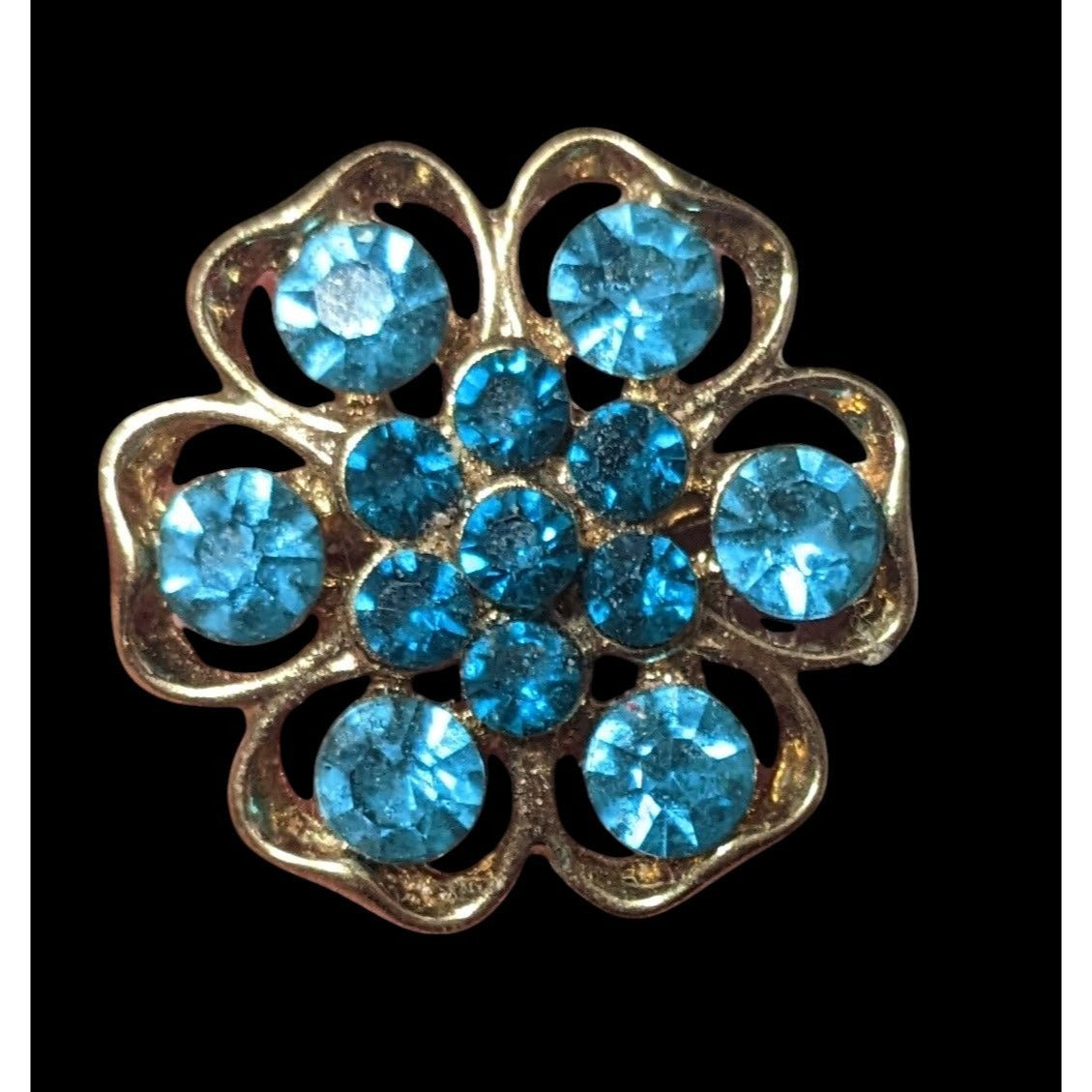 Vintage Floral Blue And Gold Tone Rhinestone Brooch