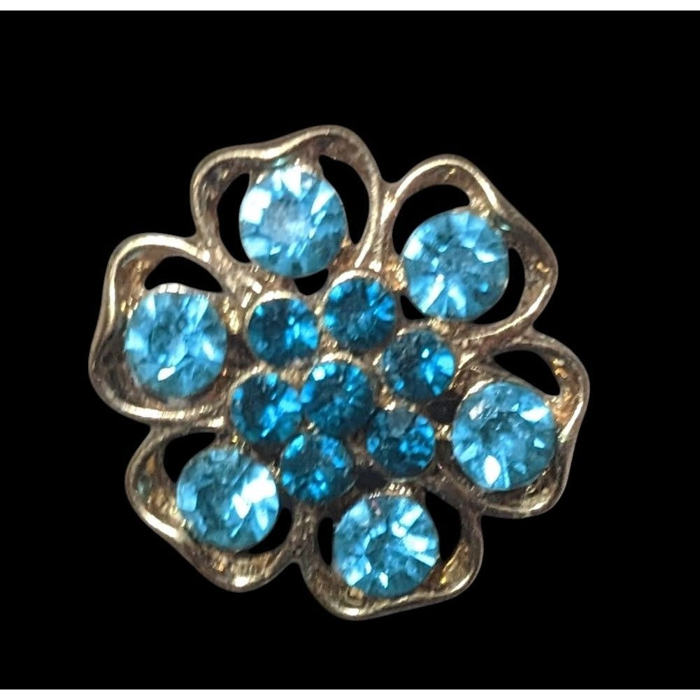 Vintage Floral Blue And Gold Tone Rhinestone Brooch