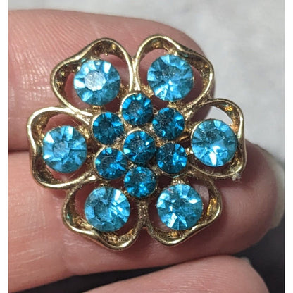 Vintage Floral Blue And Gold Tone Rhinestone Brooch