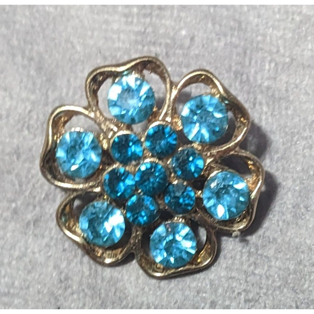 Vintage Floral Blue And Gold Tone Rhinestone Brooch