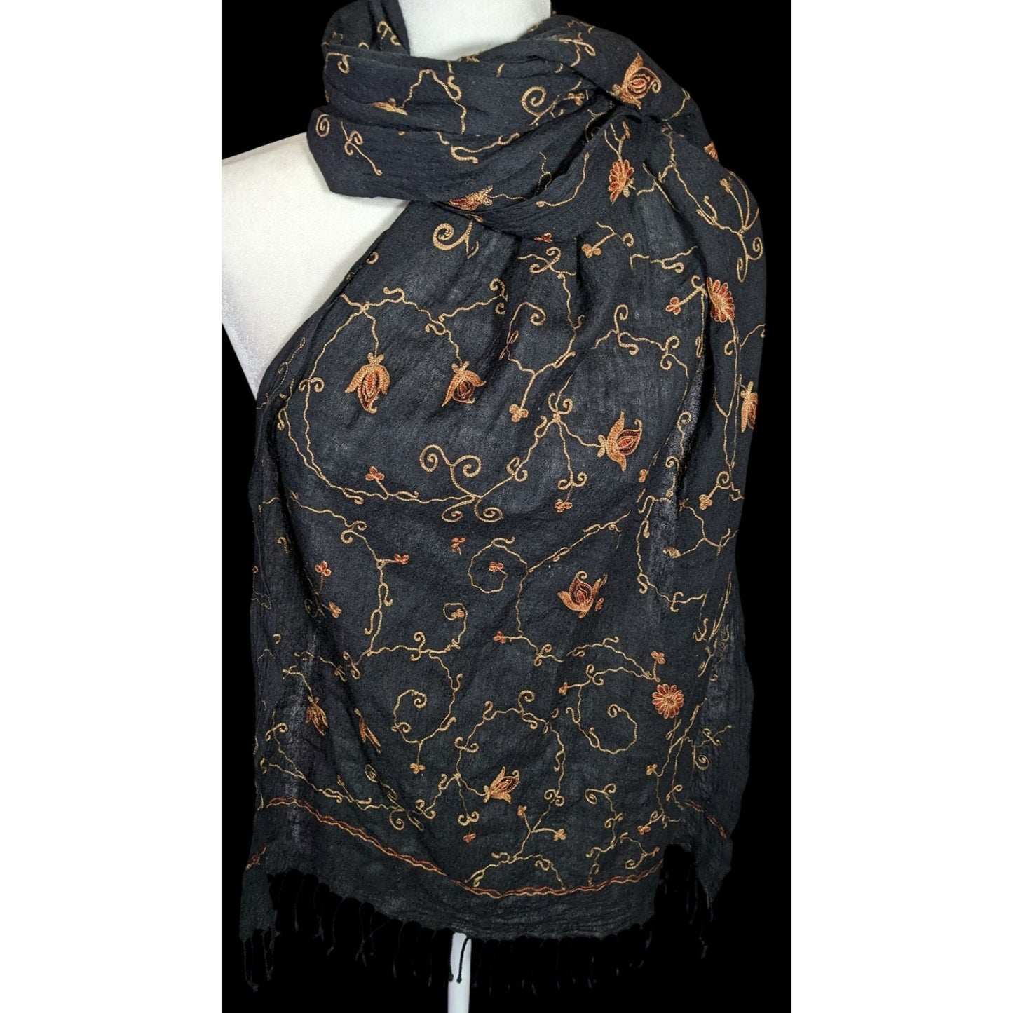 Vintage Hand Woven And Embroidered Floral Scarf/Shawl