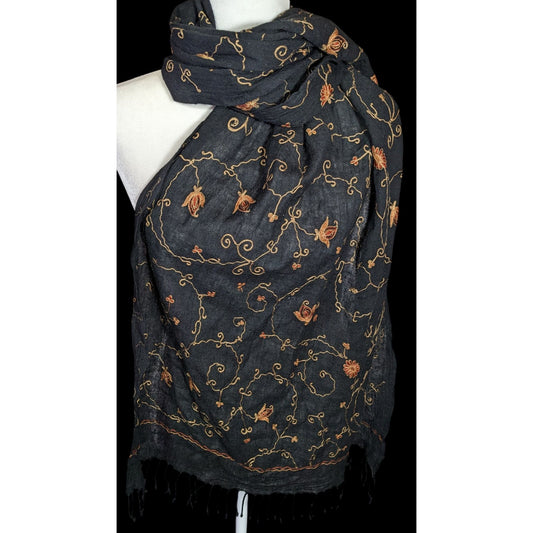 Vintage Hand Woven And Embroidered Floral Scarf/Shawl