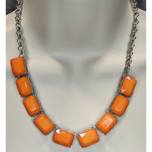 Retro Orange Statement Necklace With Silver-Tone Chain