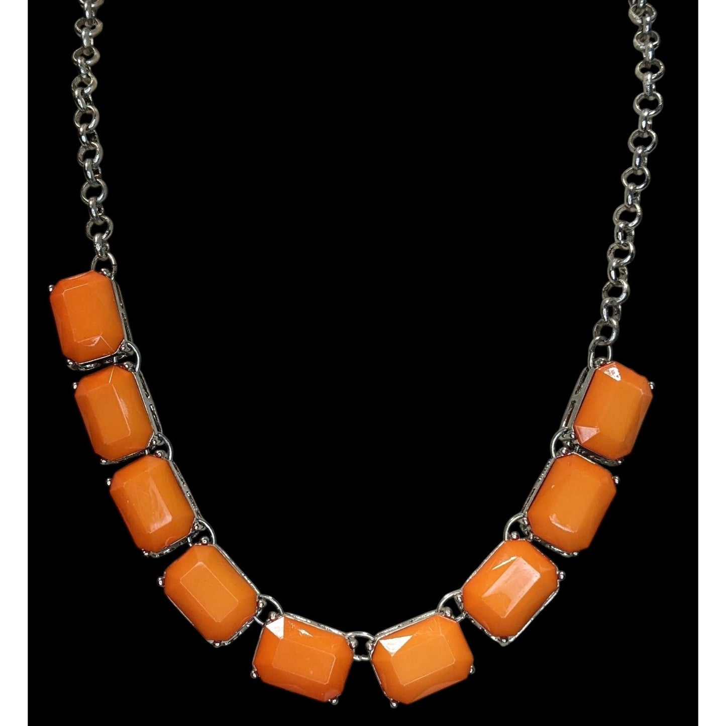 Retro Orange Statement Necklace With Silver-Tone Chain