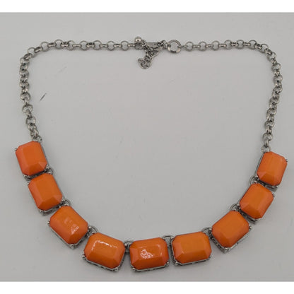 Retro Orange Statement Necklace With Silver-Tone Chain