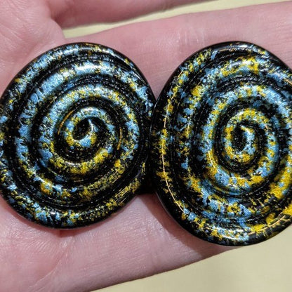 Vintage 90s Black Swirl Earrings With Blue And Yellow Paint Accents