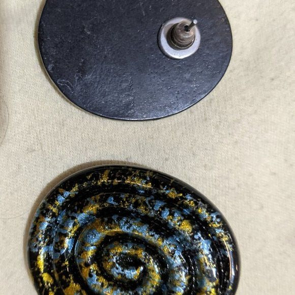 Vintage 90s Black Swirl Earrings With Blue And Yellow Paint Accents