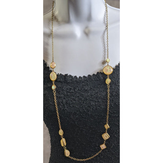 Iridescent Faux Opal Long Gold Chain Necklace With Faceted Accents