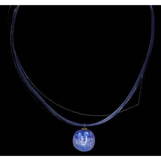 Handmade Fused Glass Pendant Necklace Blue Art Glass Multi Strand Wire Choker