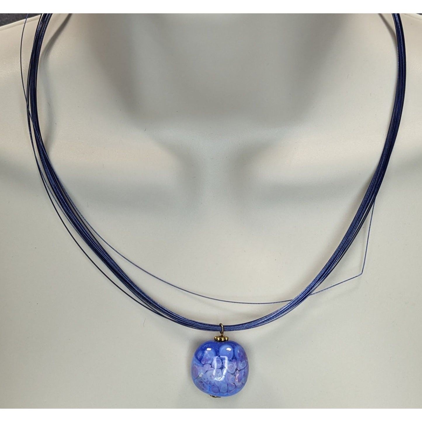 Handmade Fused Glass Pendant Necklace Blue Art Glass Multi Strand Wire Choker