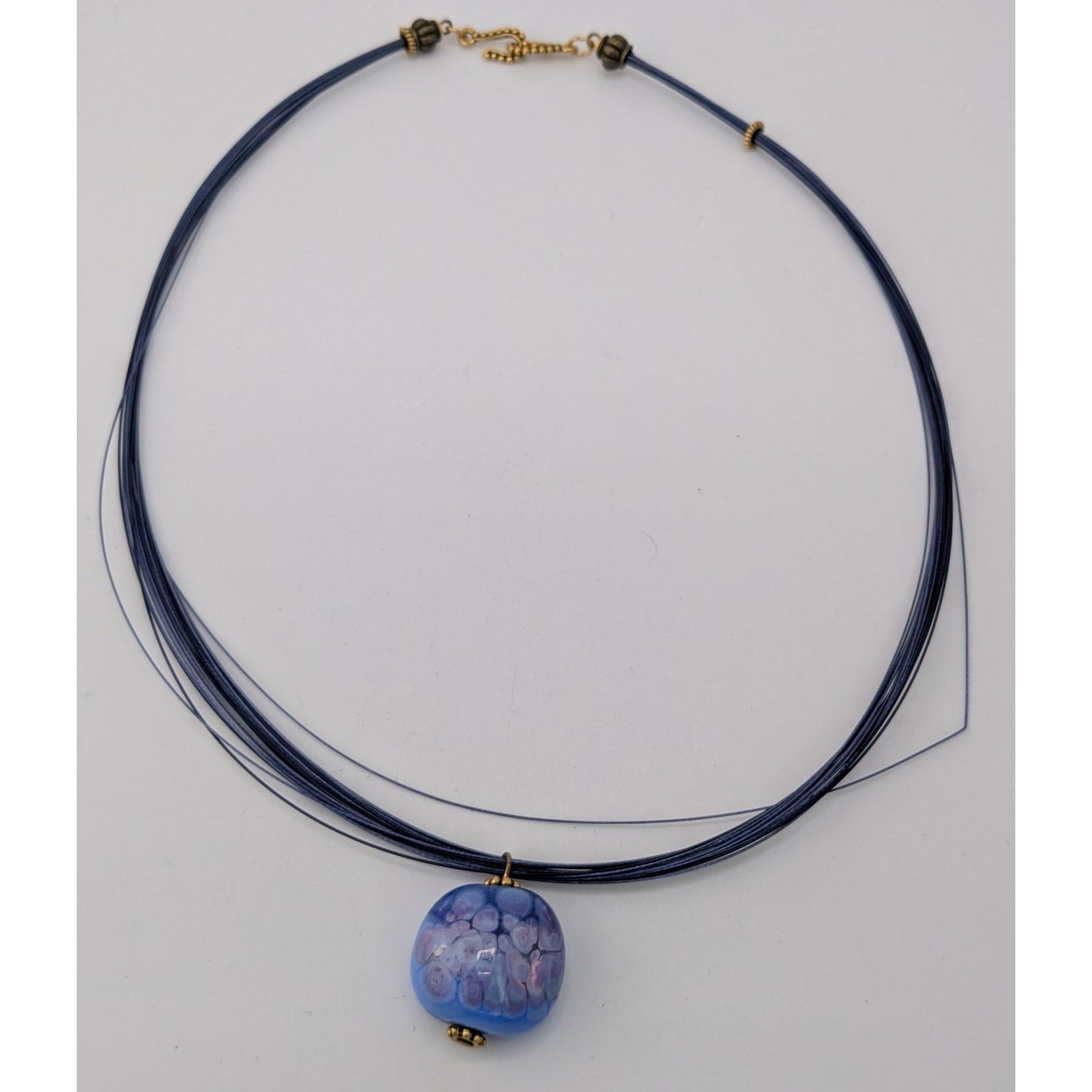 Handmade Fused Glass Pendant Necklace Blue Art Glass Multi Strand Wire Choker