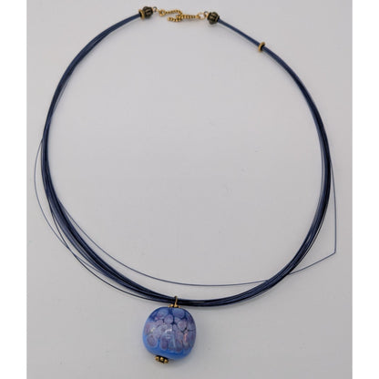 Handmade Fused Glass Pendant Necklace Blue Art Glass Multi Strand Wire Choker