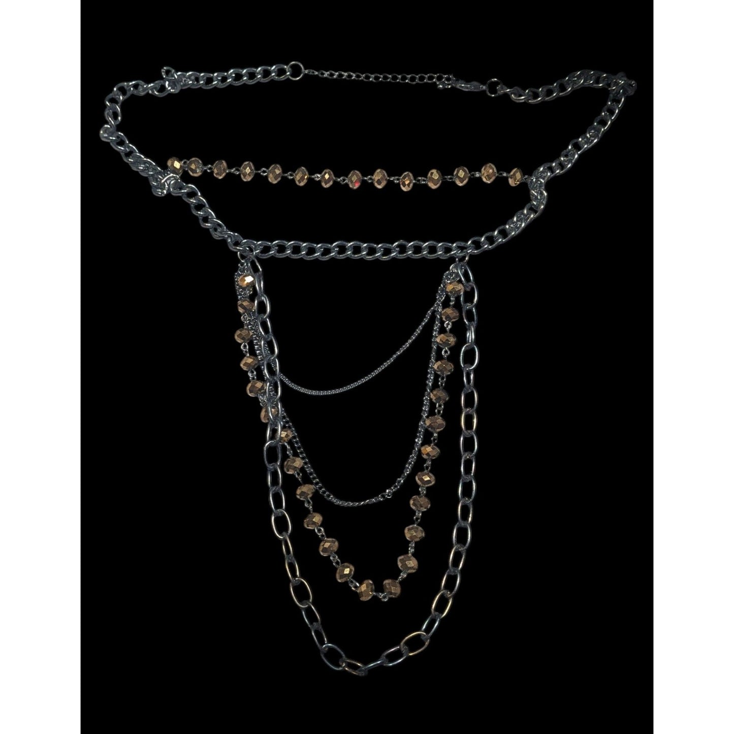 Glamorous Gold Tone Mirror Glass Beaded Gunmetal Tone Chain Multilayer Necklace