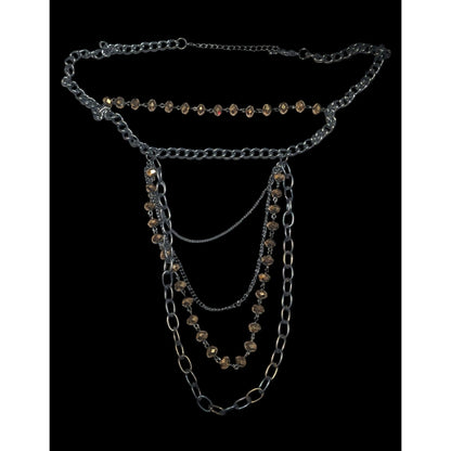 Glamorous Gold Tone Mirror Glass Beaded Gunmetal Tone Chain Multilayer Necklace
