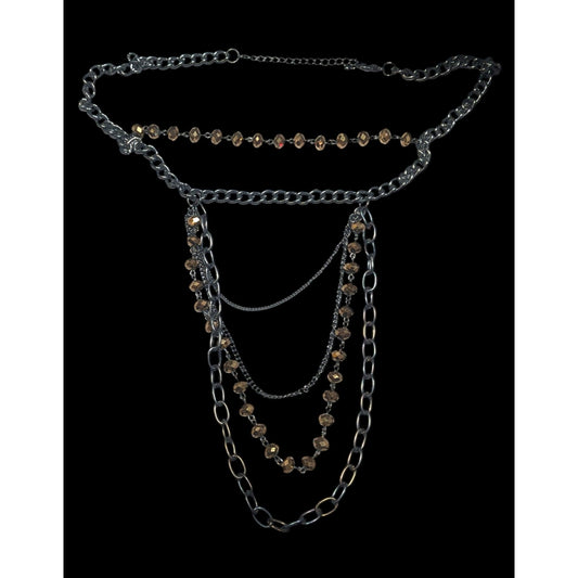 Glamorous Gold Tone Mirror Glass Beaded Gunmetal Tone Chain Multilayer Necklace