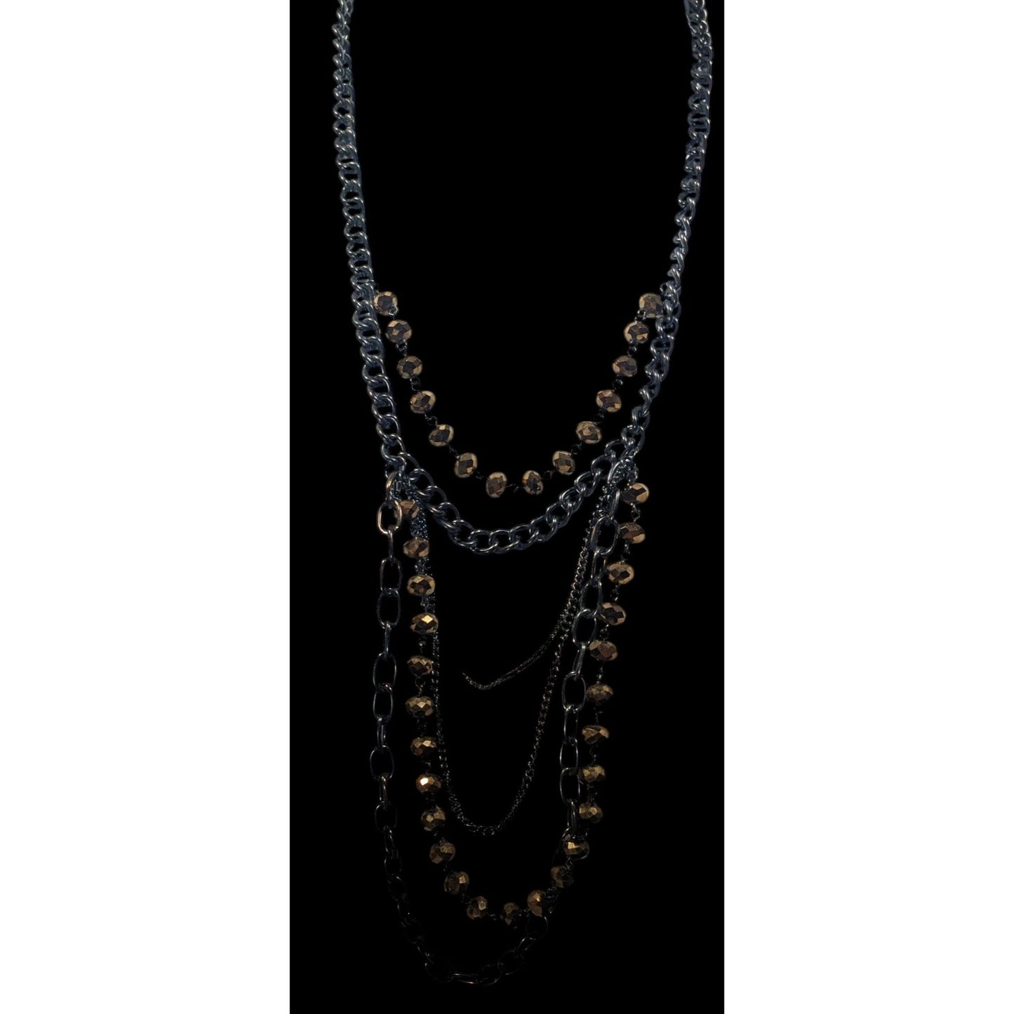 Glamorous Gold Tone Mirror Glass Beaded Gunmetal Tone Chain Multilayer Necklace