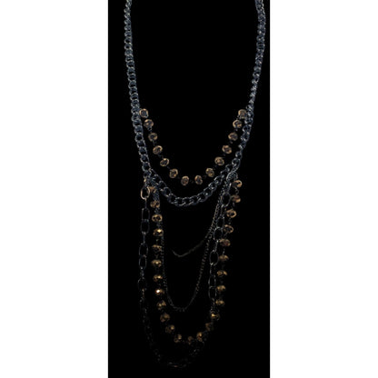 Glamorous Gold Tone Mirror Glass Beaded Gunmetal Tone Chain Multilayer Necklace
