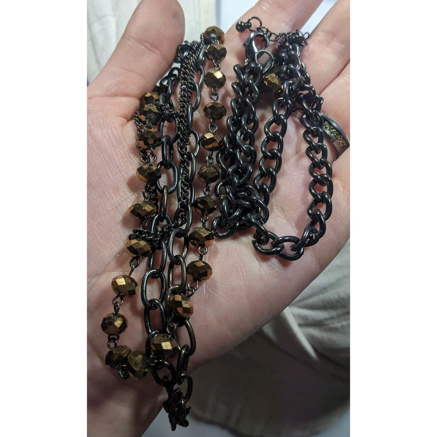 Glamorous Gold Tone Mirror Glass Beaded Gunmetal Tone Chain Multilayer Necklace