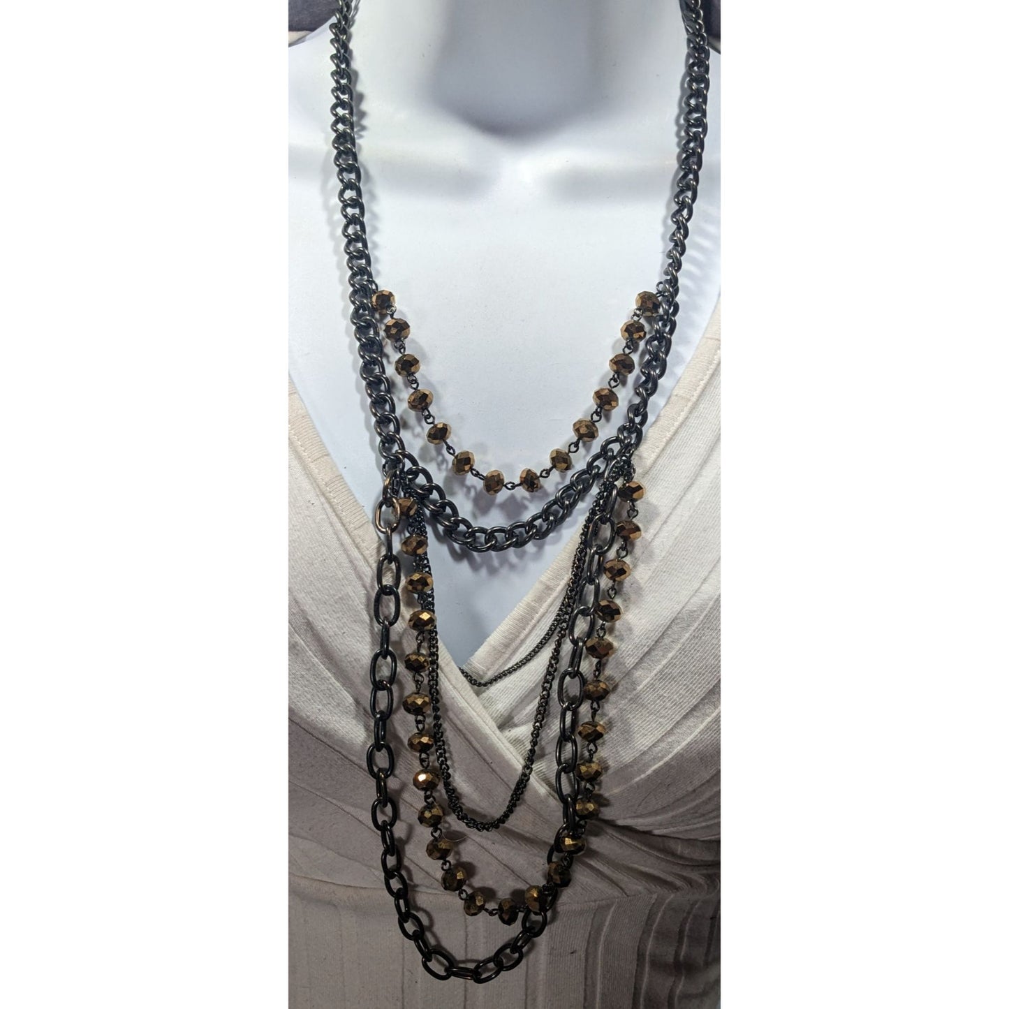 Glamorous Gold Tone Mirror Glass Beaded Gunmetal Tone Chain Multilayer Necklace