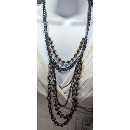 Glamorous Gold Tone Mirror Glass Beaded Gunmetal Tone Chain Multilayer Necklace