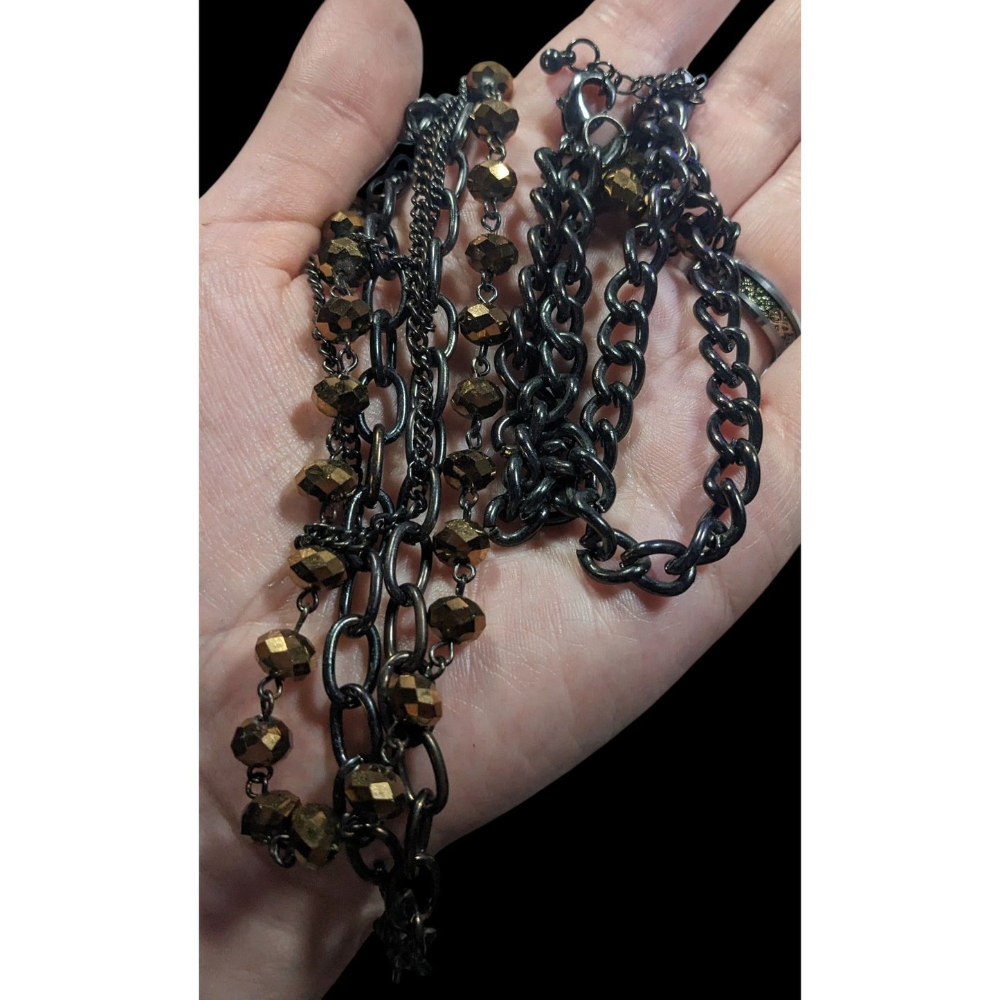 Glamorous Gold Tone Mirror Glass Beaded Gunmetal Tone Chain Multilayer Necklace