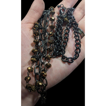 Glamorous Gold Tone Mirror Glass Beaded Gunmetal Tone Chain Multilayer Necklace