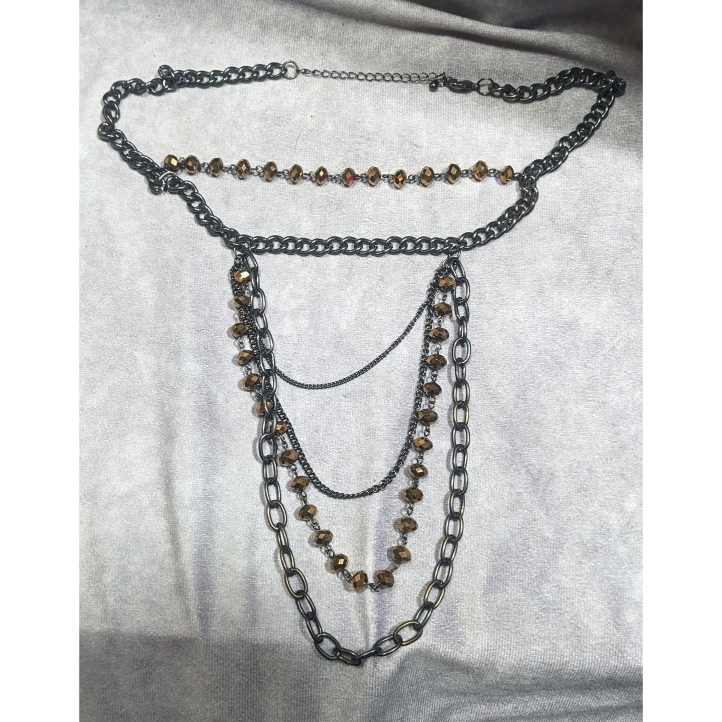 Glamorous Gold Tone Mirror Glass Beaded Gunmetal Tone Chain Multilayer Necklace