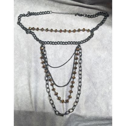 Glamorous Gold Tone Mirror Glass Beaded Gunmetal Tone Chain Multilayer Necklace
