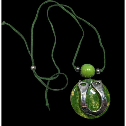 Unique Abstract Horse Shoe Accented Green And Silver Tone Necklace