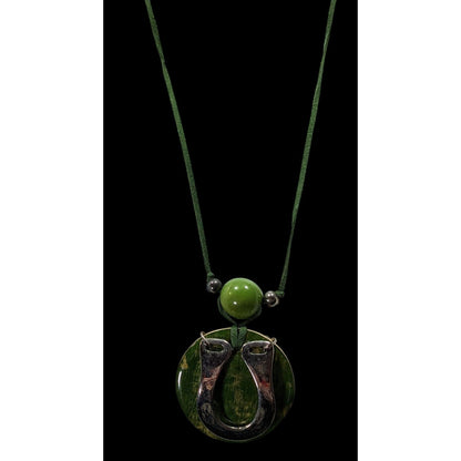 Unique Abstract Horse Shoe Accented Green And Silver Tone Necklace