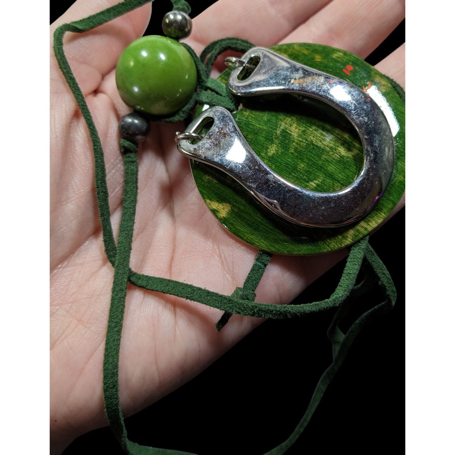 Unique Abstract Horse Shoe Accented Green And Silver Tone Necklace