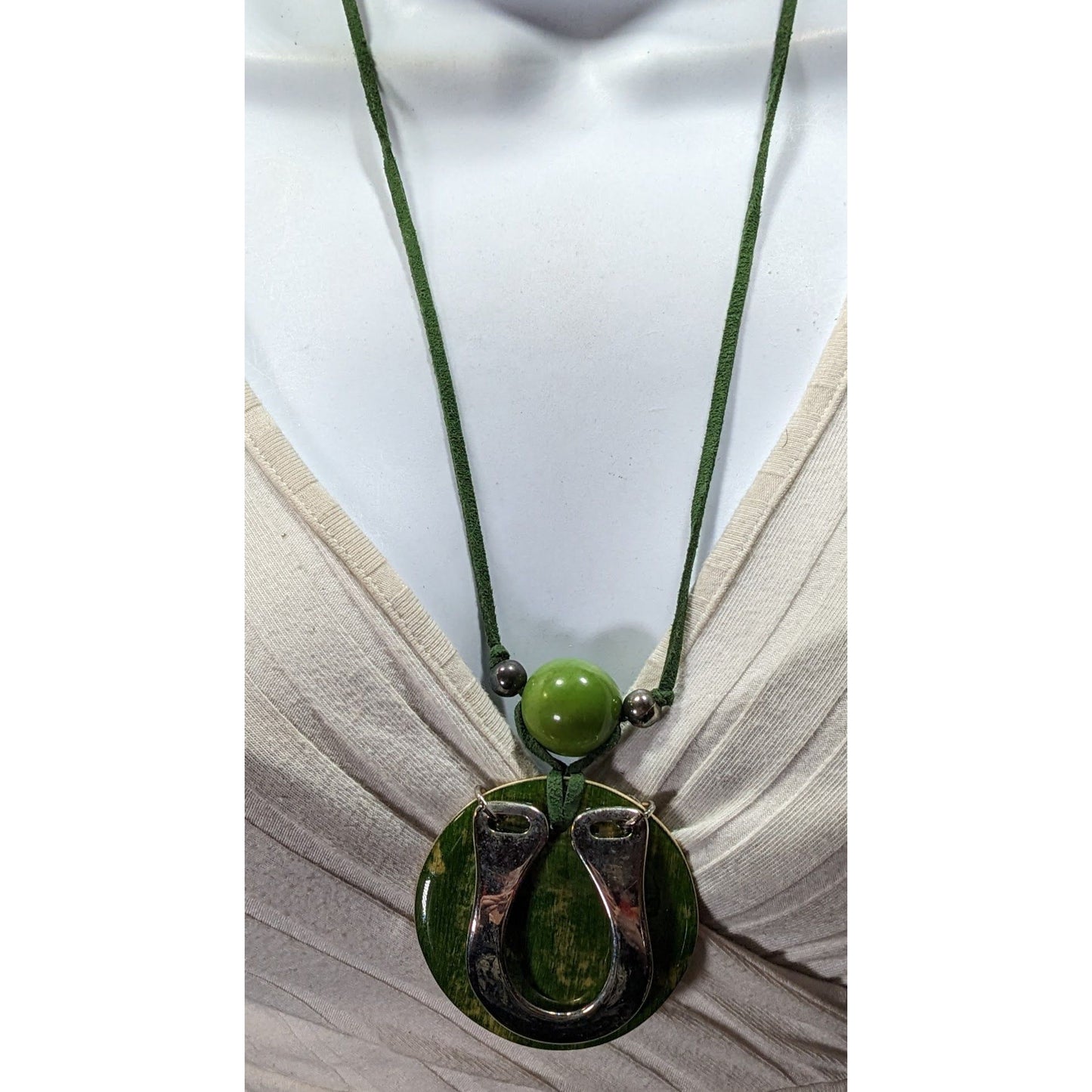 Unique Abstract Horse Shoe Accented Green And Silver Tone Necklace