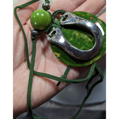 Unique Abstract Horse Shoe Accented Green And Silver Tone Necklace