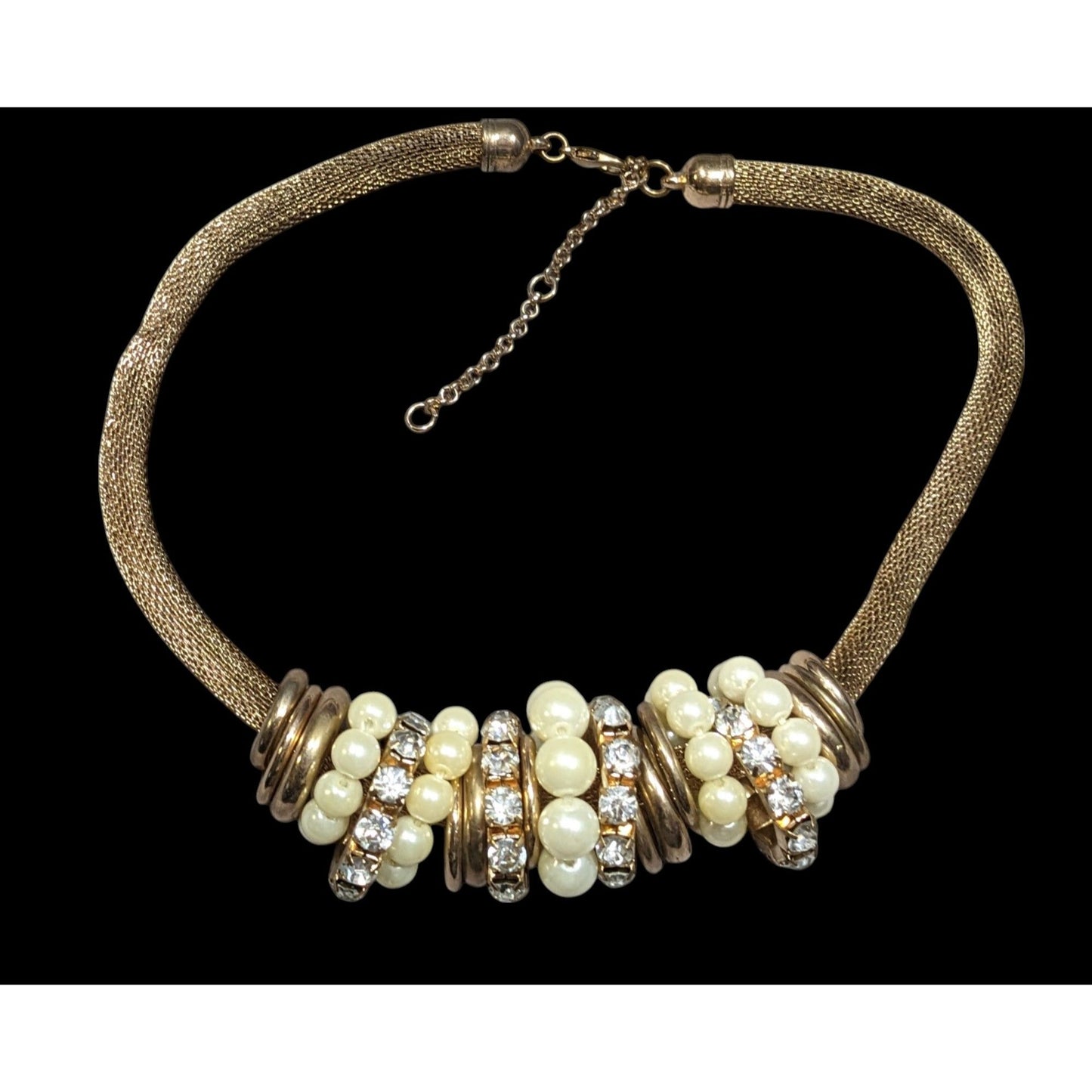 Vintage 80s Glam Faux Pearl And Rhinestone Ring Statement Necklace