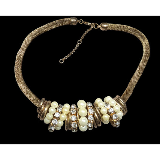 Vintage 80s Glam Faux Pearl And Rhinestone Ring Statement Necklace
