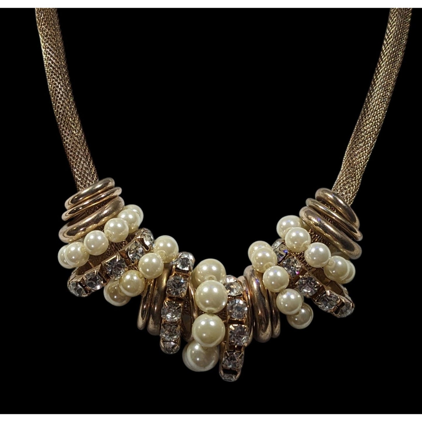 Vintage 80s Glam Faux Pearl And Rhinestone Ring Statement Necklace