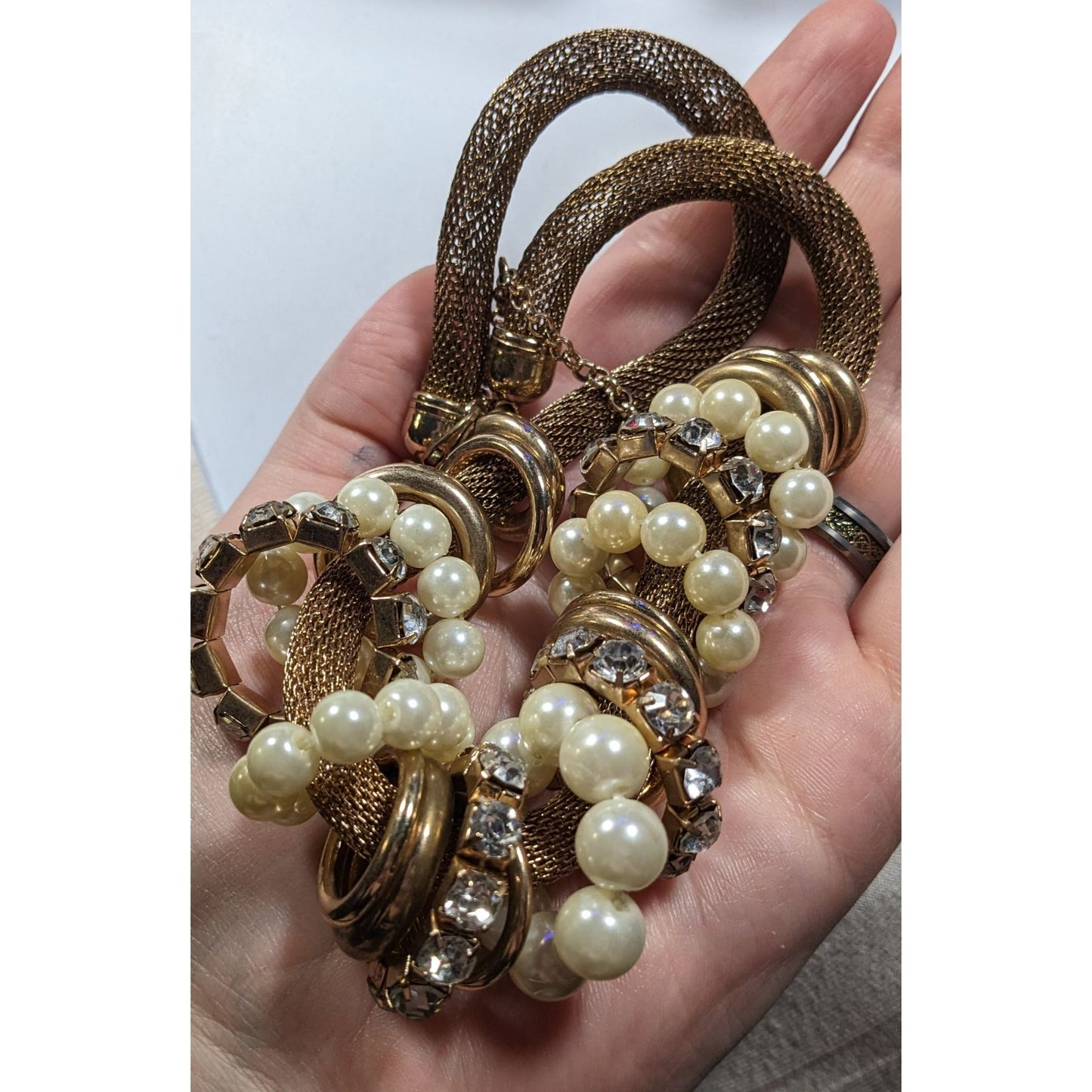 Vintage 80s Glam Faux Pearl And Rhinestone Ring Statement Necklace