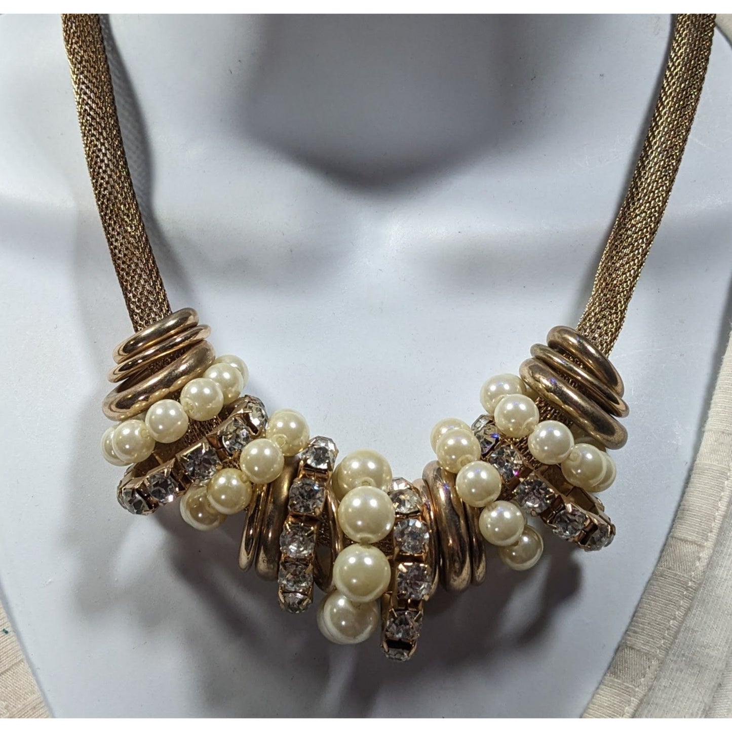 Vintage 80s Glam Faux Pearl And Rhinestone Ring Statement Necklace