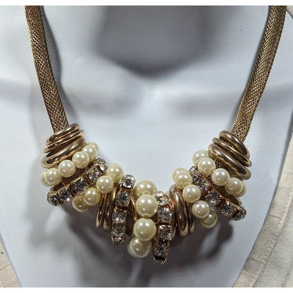 Vintage 80s Glam Faux Pearl And Rhinestone Ring Statement Necklace