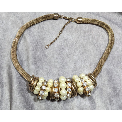 Vintage 80s Glam Faux Pearl And Rhinestone Ring Statement Necklace