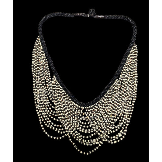 Vintage Multilayer Brown And Cream Glass Beaded Bib Necklace