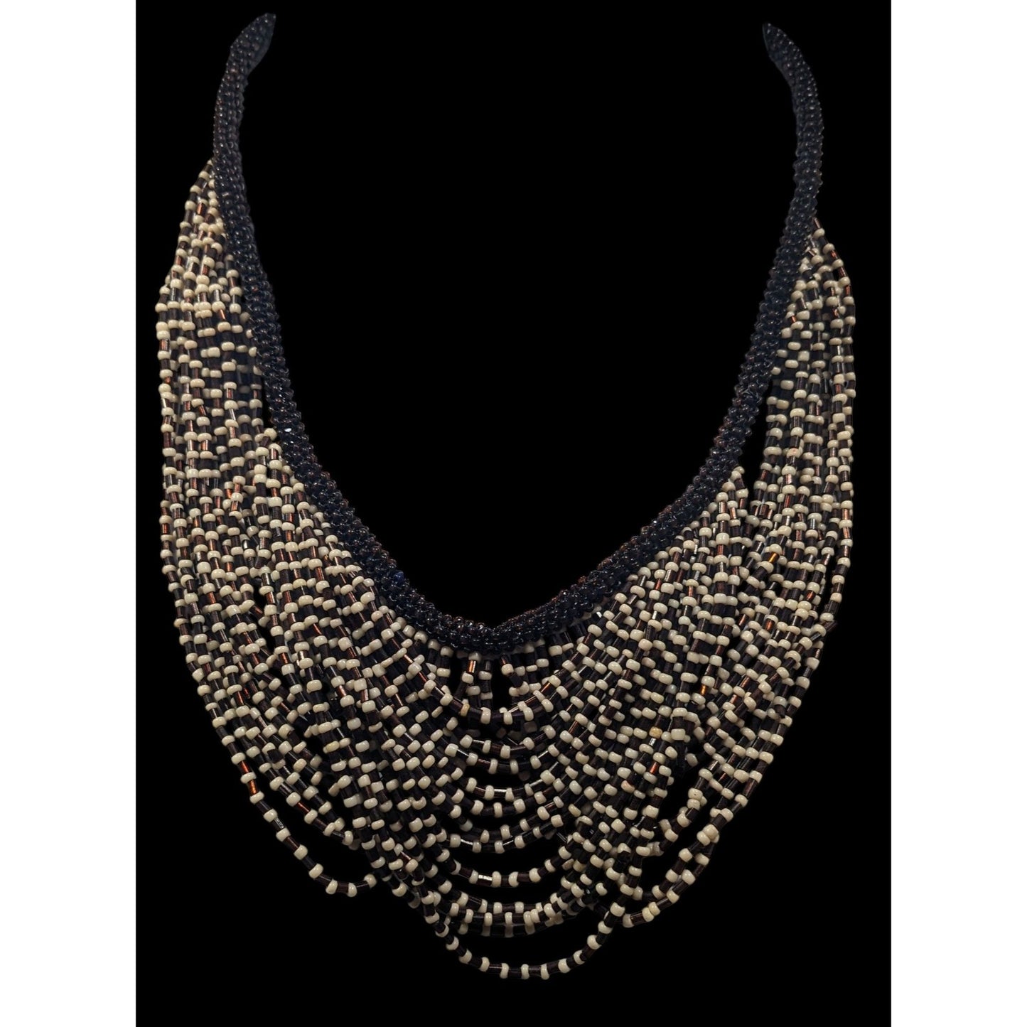 Vintage Multilayer Brown And Cream Glass Beaded Bib Necklace