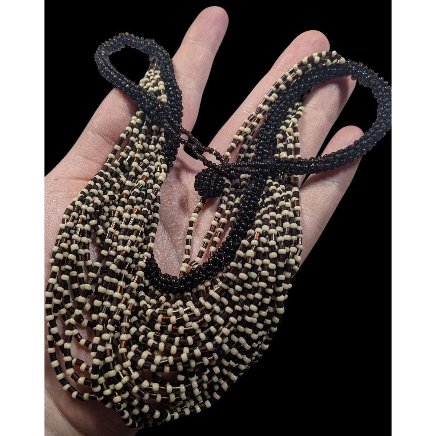 Vintage Multilayer Brown And Cream Glass Beaded Bib Necklace