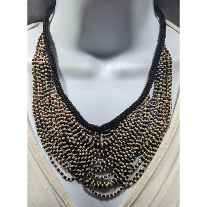 Vintage Multilayer Brown And Cream Glass Beaded Bib Necklace
