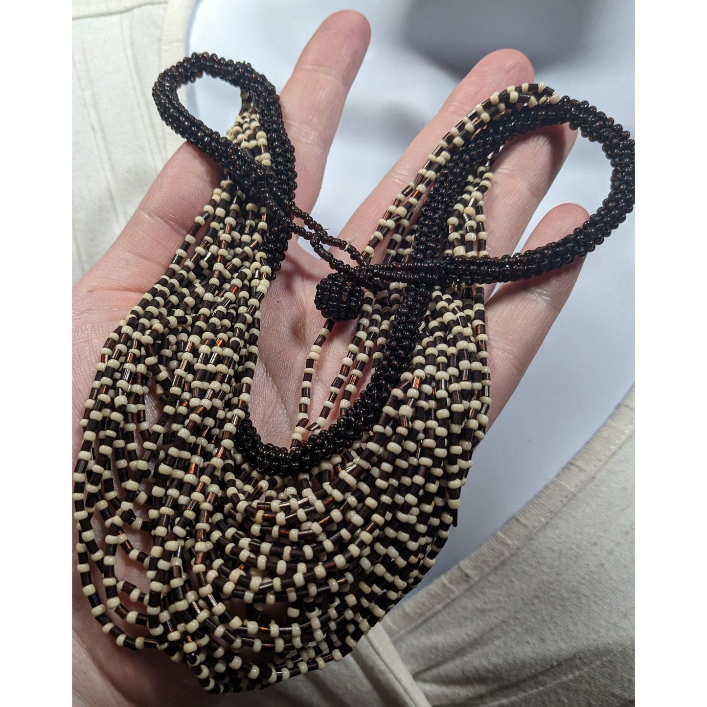 Vintage Multilayer Brown And Cream Glass Beaded Bib Necklace